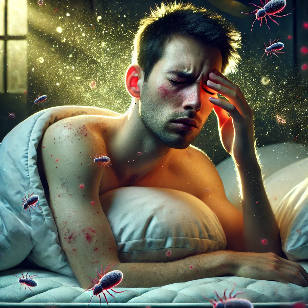 A realistic and dramatic image of a person waking up in bed looking uncomfortable and distressed, showing signs of skin irritation and congestion. The https://mattresscleaningdfw.com/wp-content/uploads/2025/04/A-realistic-and-dramatic-image-of-a-person-waking-up-in-bed-looking-uncomfortable-and-distressed-showing-signs-of-skin-irritation-and-congestion.-The-1024x960.webp